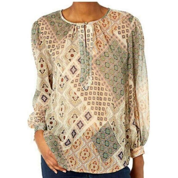 Johnny Was Tops - Johnny Was Jade Samahil Peasant Top with Crystal Buttons Long Sleeve Size Large